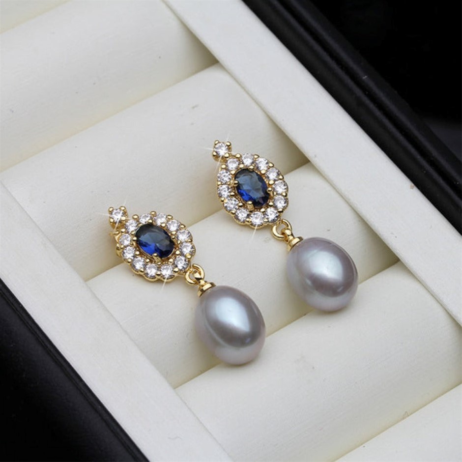 BIJ'OR - Genuine Grey Pearl Statement Drop Earrings in Gold RRP $59