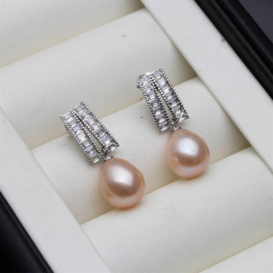 BIJ'OR - Genuine Pink Pearl & Simulated Diamond Dangle Earrings RRP $59