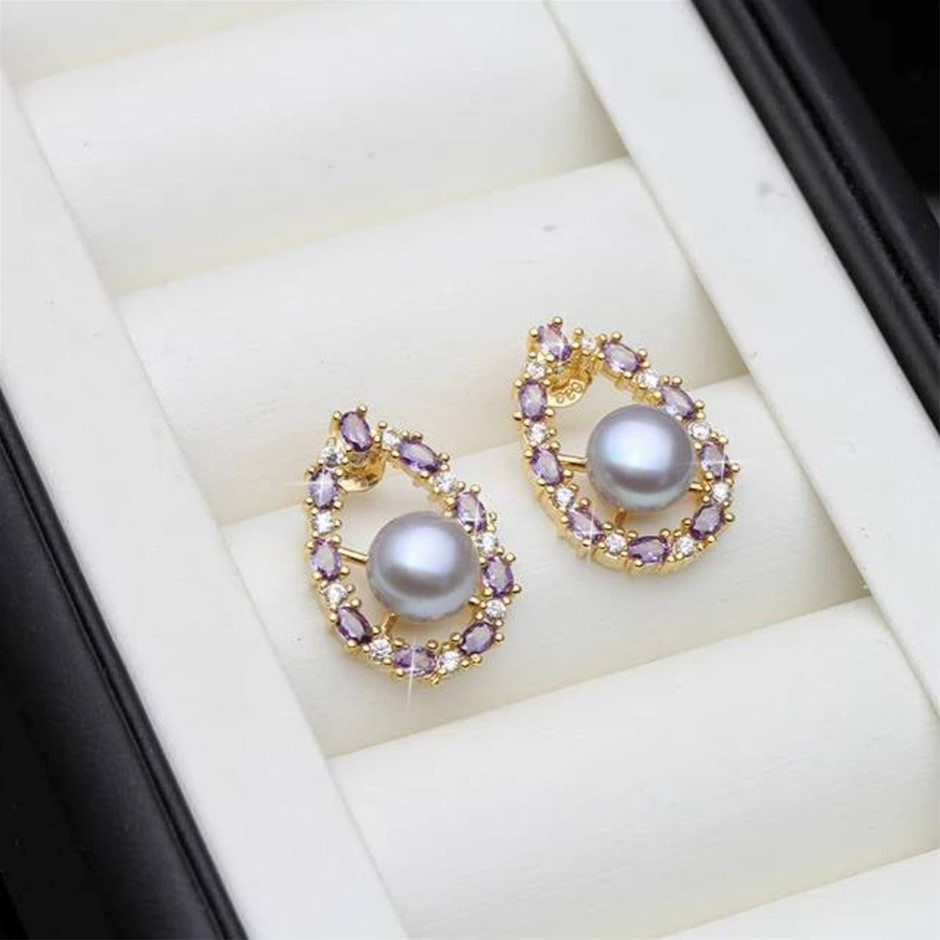 BIJ'OR - Genuine Grey Pearl & Purple Simulated Diamond Earrings RRP $59