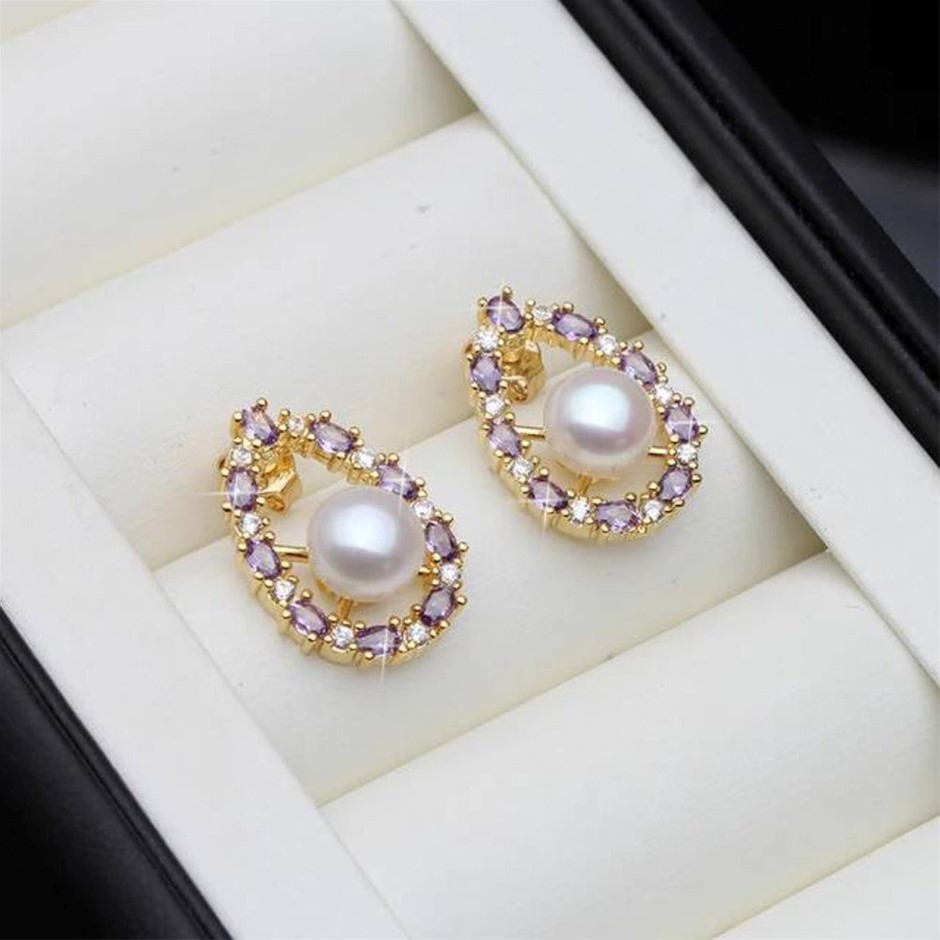 BIJ'OR - Genuine White Pearl & Purple Simulated Diamond Earrings RRP $59