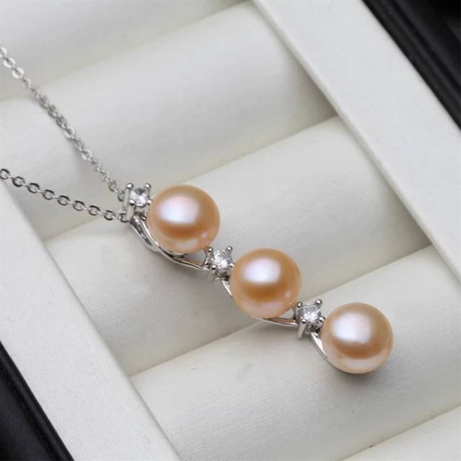 BIJ'OR - Designer Genuine Pink Pearl Triple Drop Necklace RRP $59