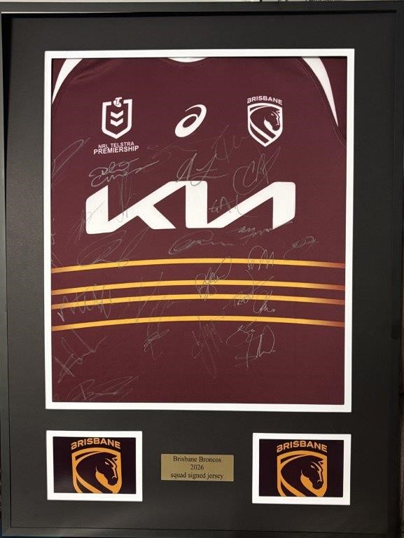 BRISBANE BRONCOS 2026 SQUAD SIGNED/FRAMED JERSEY