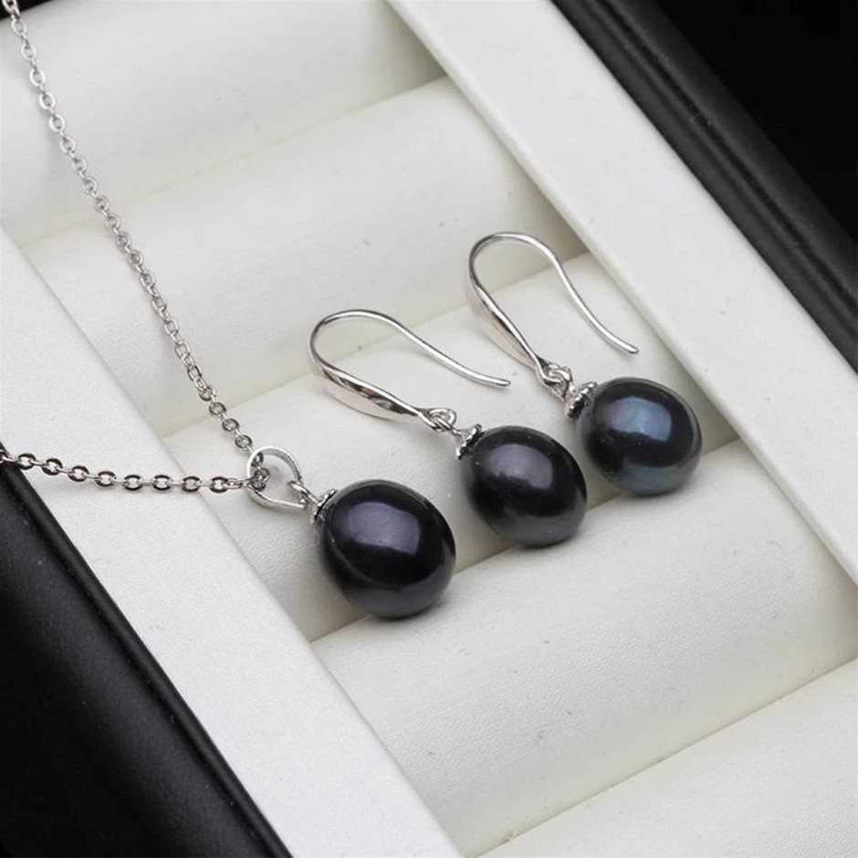 BIJ'OR - Classic Black Freshwater Pearl Drop Earring & Necklace Set. RRP 99