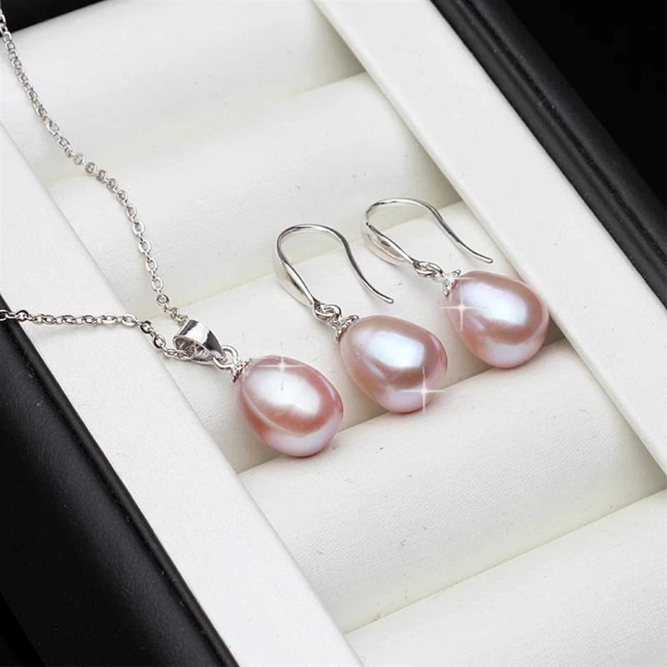 BIJ'OR - Classic Purple Freshwater Pearl Drop Earring & Necklace Set RRP 99