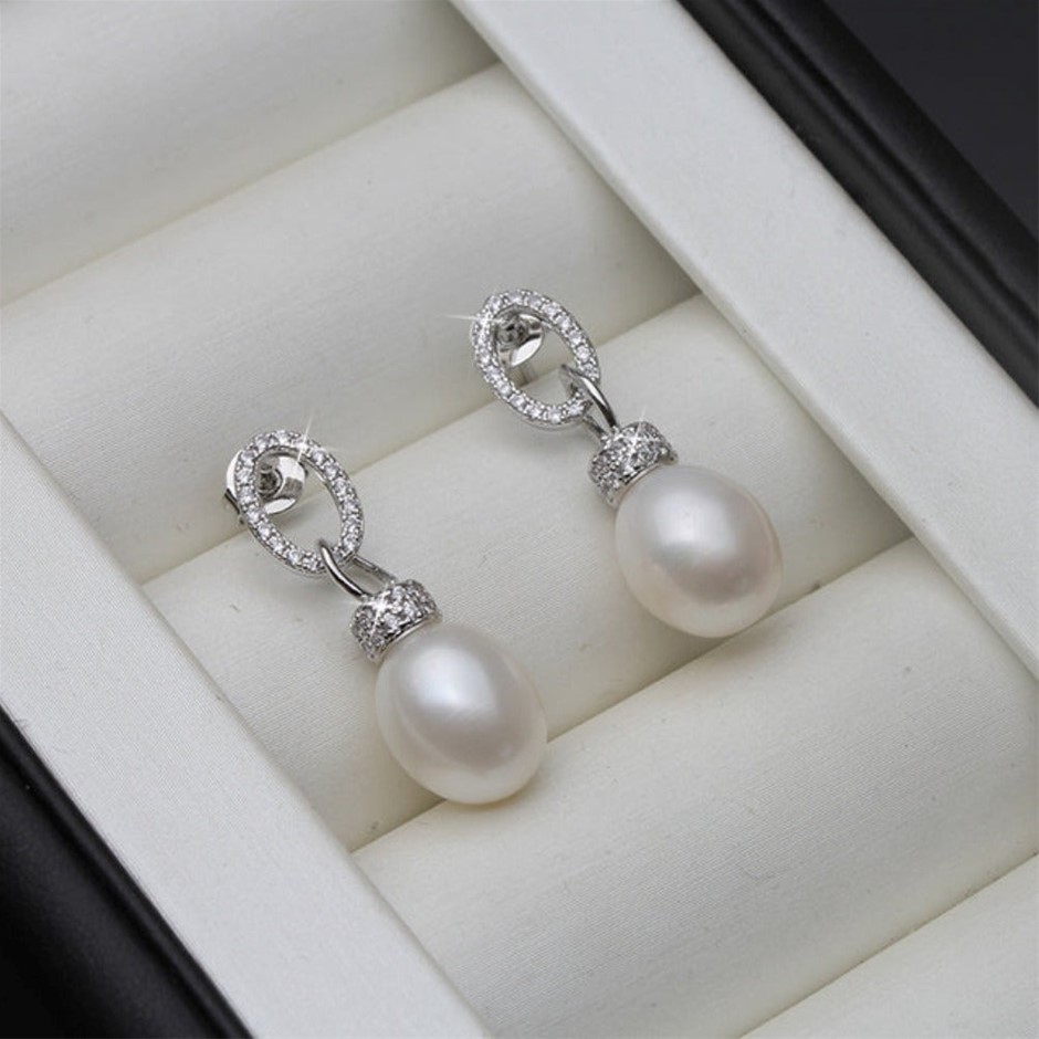 BIJ'OR - Genuine White Freshwater Pearl & Diamond Drop Earrings. RRP 59