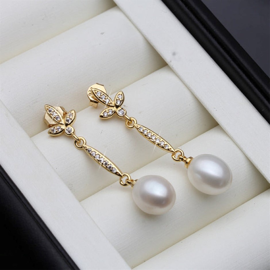 BIJ'OR - Genuine White Freshwater Pearl Long Dangle Earrings in Gold RRP 59