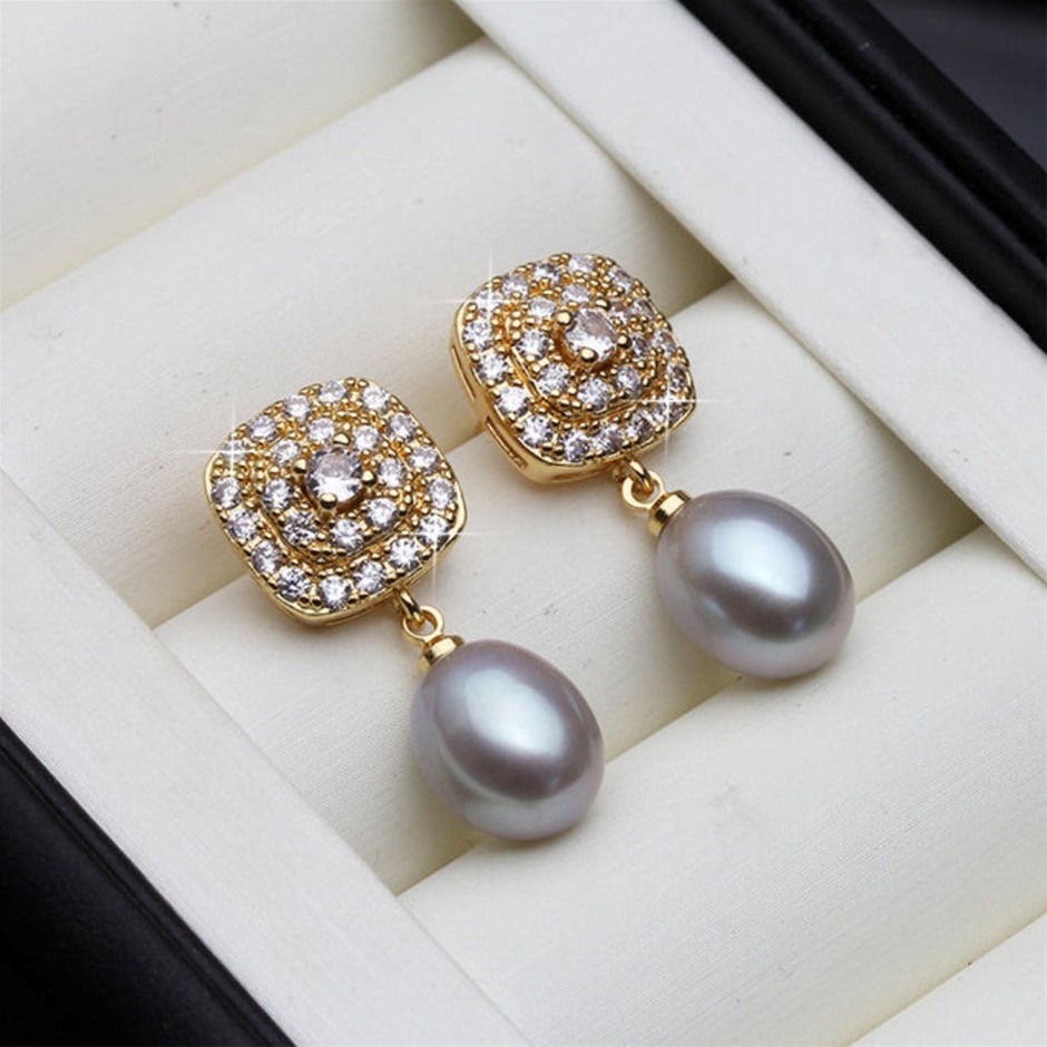 BIJ'OR Genuine Grey Freshwater Pearl & Diamond Drop Earrings in Gold RRP 59