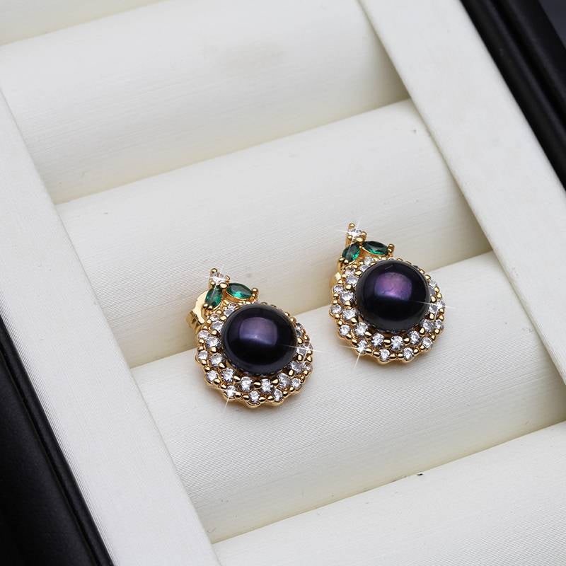 BIJ'OR - Genuine Round Black Freshwater Pearl Earrings Green Stone. RRP 59
