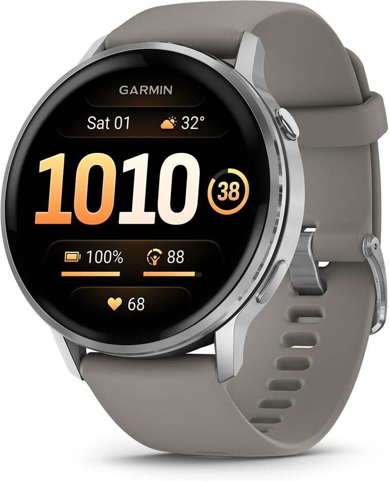 GARMIN Venu 4, 45mm, Silver with Gray Silicone Band. Buyers Note - Discoun