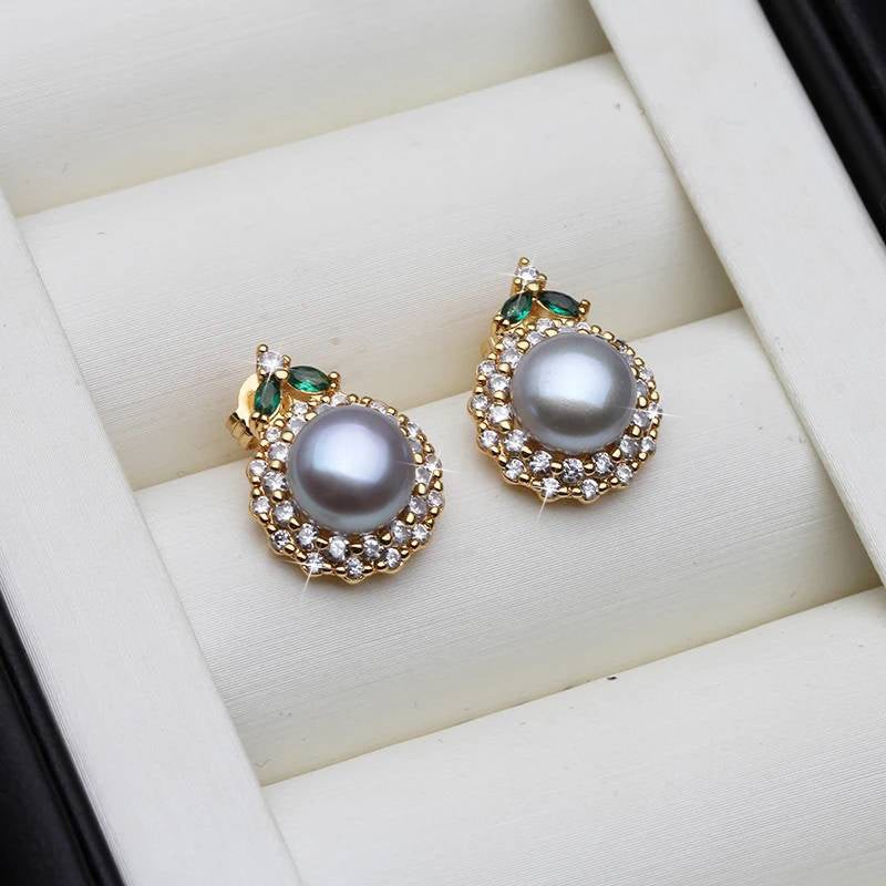 BIJ'OR - Round Grey Pearl Earrings With Green Stone RRP $59