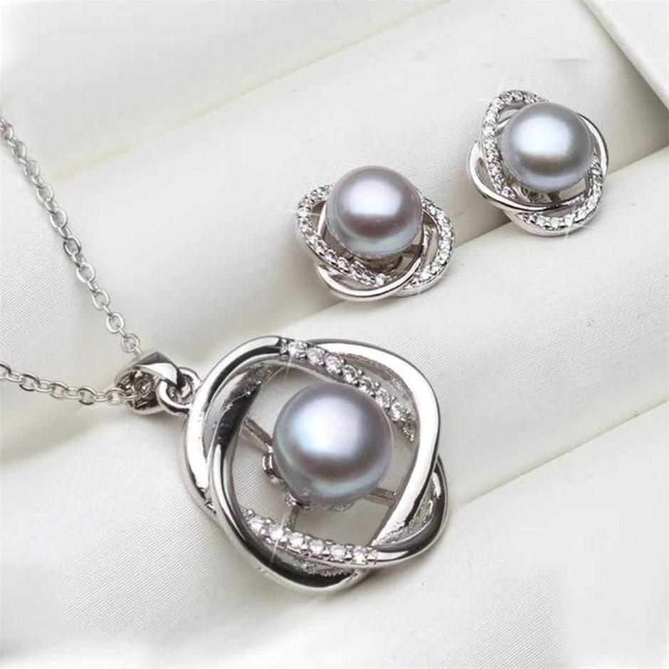 BIJ'OR - Grey Pearl & Simulated Diamond Earring & Necklace Set RRP $99