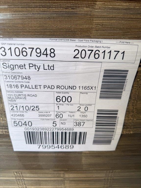 Approx. 600 x SIGNET PTY LTD Cardboard 1816 Pallet Pad