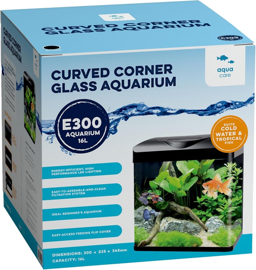 AQUACARE E300 Curved Corner Glass Aquarium, 16L, LED Light, Built-in Filter