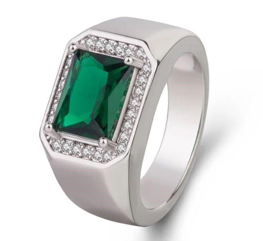 925 Silver Ring 3.0ct Green Emerald Cut Simulated Diamodns-8us