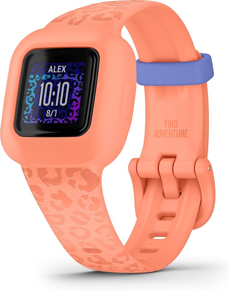 GARMIN Vivofit Jr. 3, Kids Fitness/Activity Tracker, Peach Leopard. NB: Min