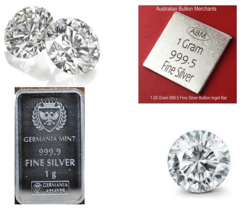 0.07 carat round 2 white diamond, 1 gram silver bar x 2, 0.04 white diamond