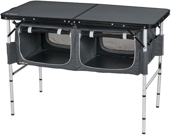 OZTRAIL Folding Table with Storage, Black/Silver NB: damaged top, photo as