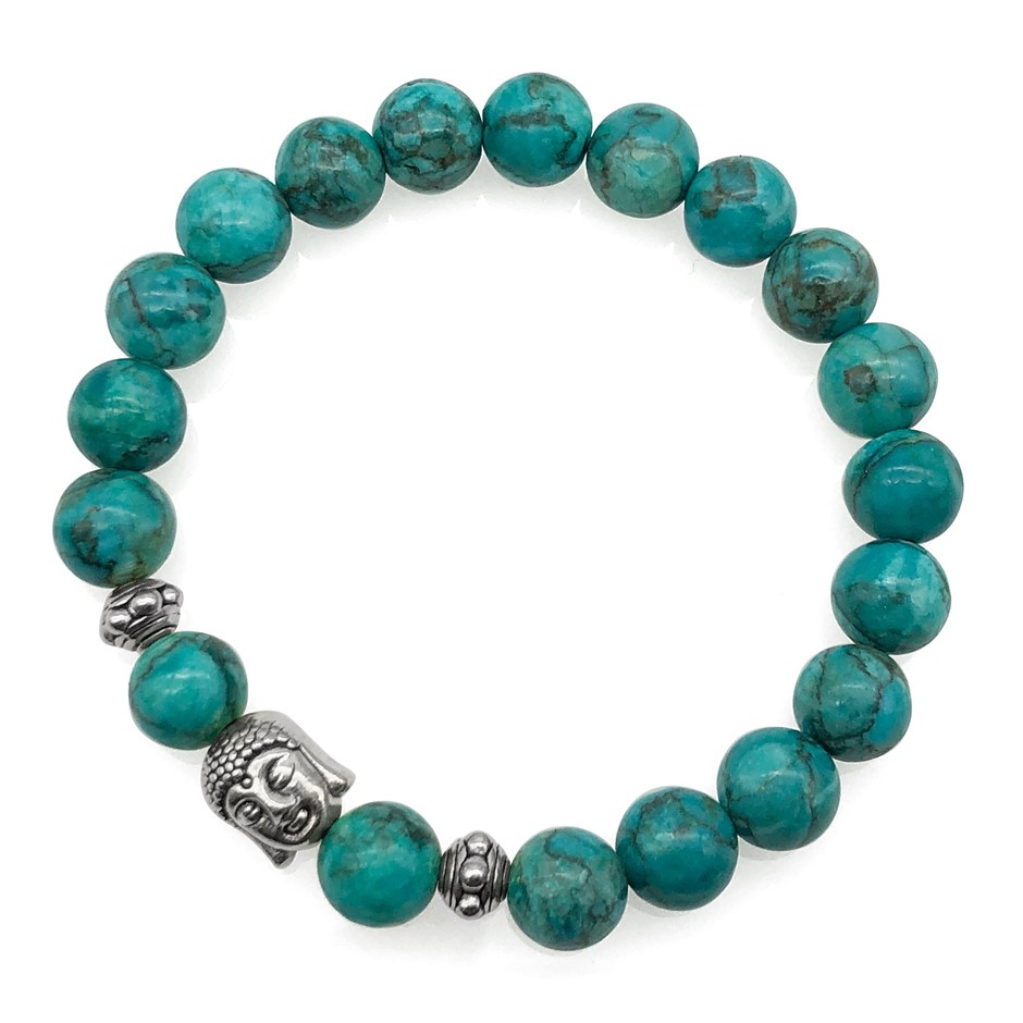 8mm African Jasper Turquoise & Antique Silver Buddha Charm Beaded Bracelet