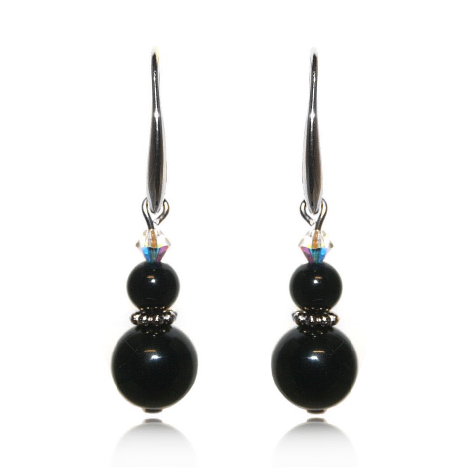 Black Agate & Swarovski® Crystal Real Platinum Plated Earrings
