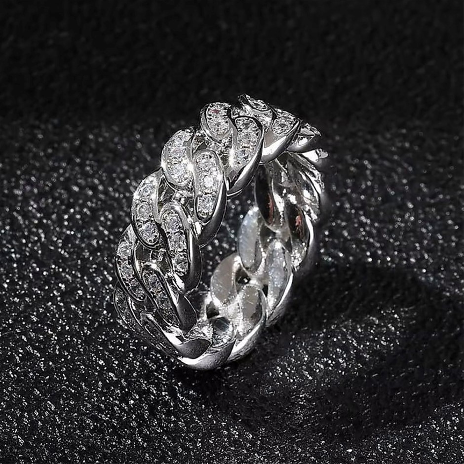 18K White Gold-Filled Cuban Style Ring with Simulated Diamonds - Size 8