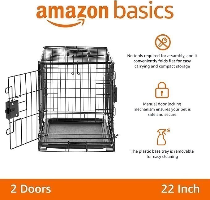 AMAZON BASICS Durable Foldable Metal Wire Dog Crate with Tray, Double Door