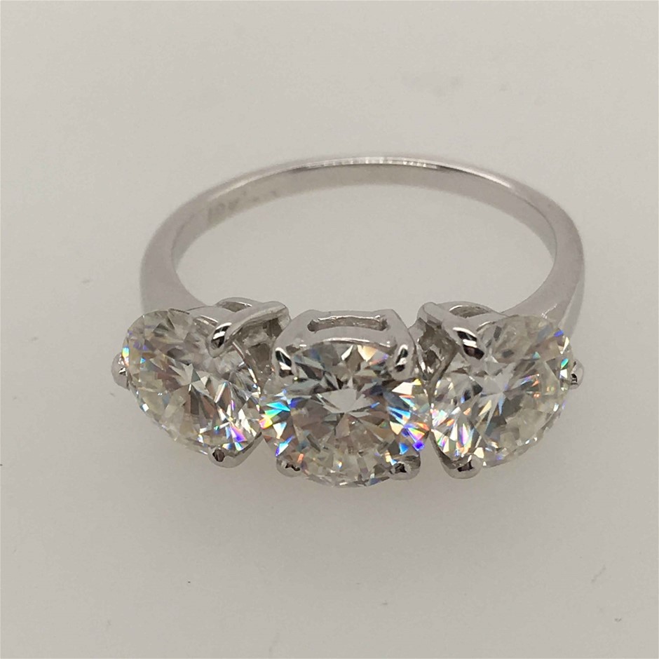 9ct White Gold Ring Moissanite Three Stones Round 2.94ct