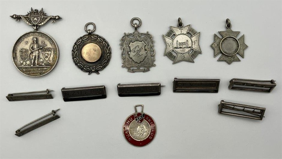 Approx. 13 x Asstd NZ Service & Sporting silver fob medals/badges/bars