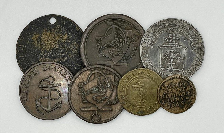 7 x Asstd world docks tokens, maritime medals and pennys