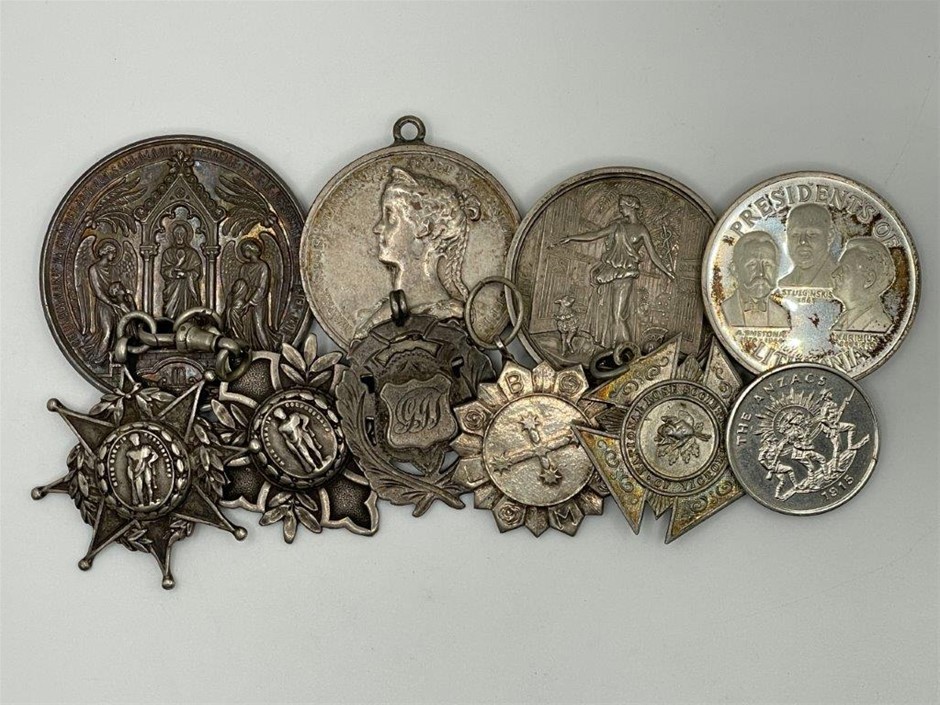 10 x Asstd World Commemorative silver fobs and medallions C.1889-1968