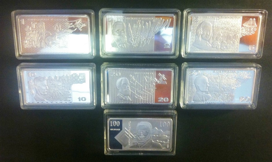 7 x 1 Troy OZ "OLD AUSTRALIAN NOTE SERIES" Ingots Finished in 999 Fine
