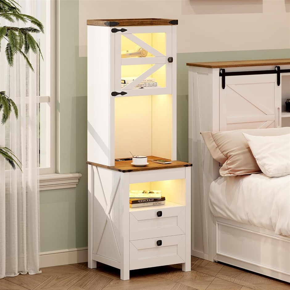 DYSTLER Tall Nightstand with Charging Station, Bedside Table with Drawers &