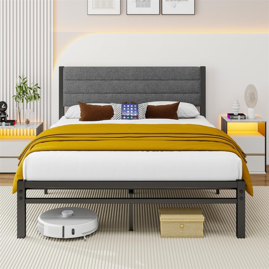 YUDA VERFARM Metal Double Bed Frame with Upholstered Headboard Platform Bed