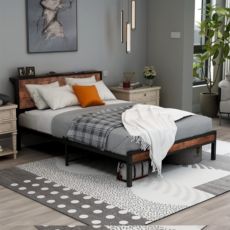 DIOLONG Platform Metal Bed Frame with Storage Headboard, Double, Brown.