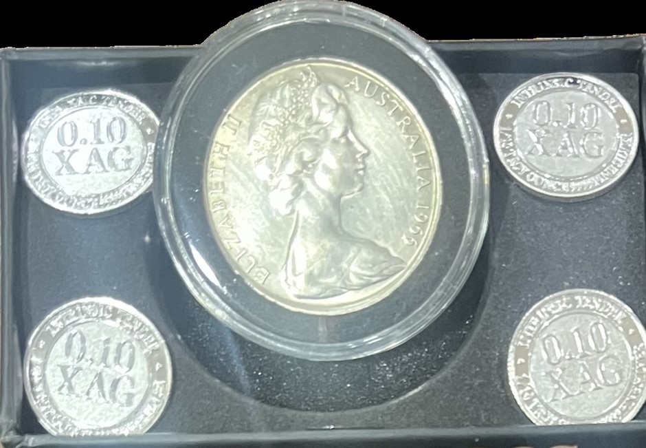 1966 Australia Silver Queen Elizabeth coin & 0.10 Xag silver bar x 4