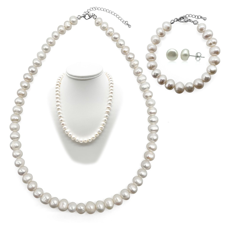 9-10mm Potato Shape Pearl Real Platinum Plated Jewellery Set