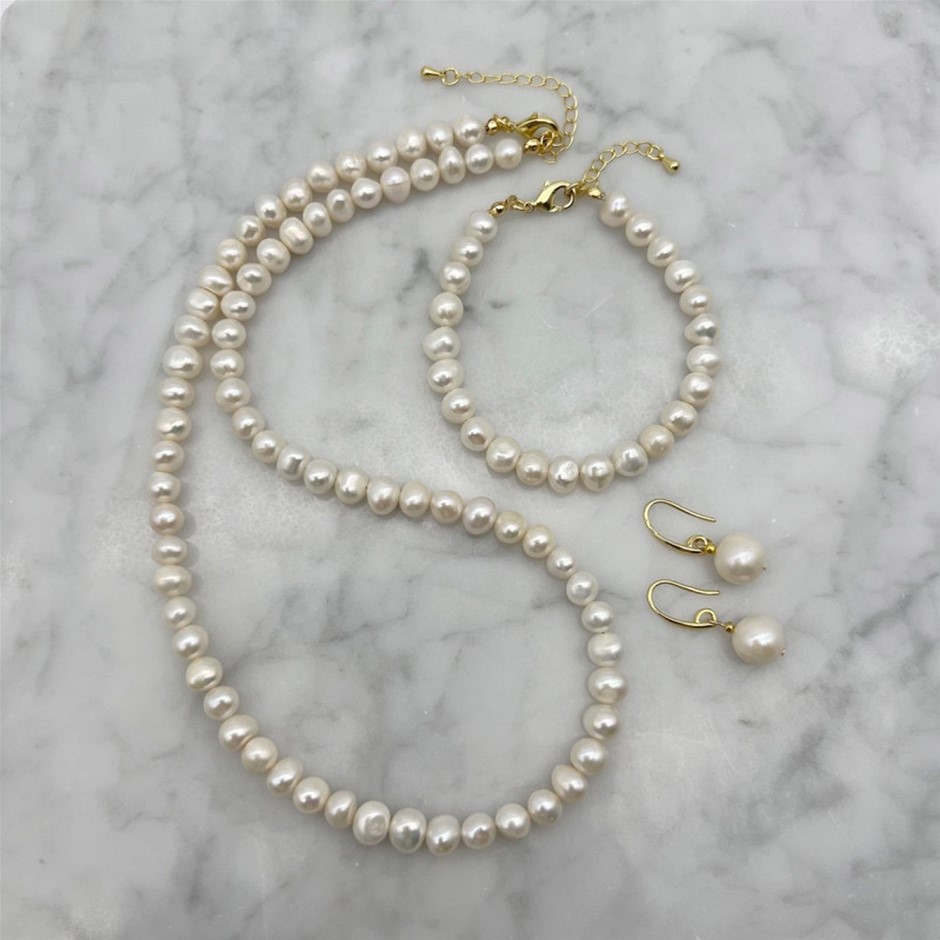 7-8mm White Pearls 18k Gold Plated Jewellery Set