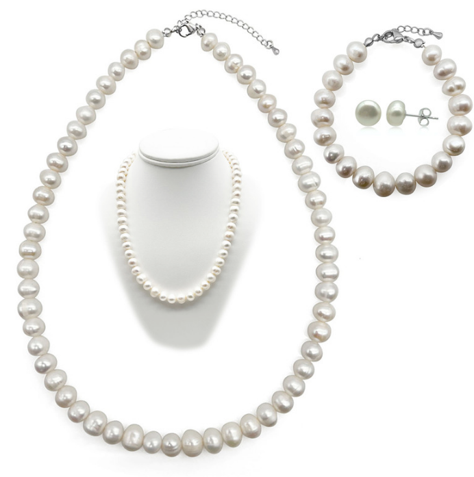 8-9mm Potato Shape Pearl Real Platinum Plated Jewellery Set