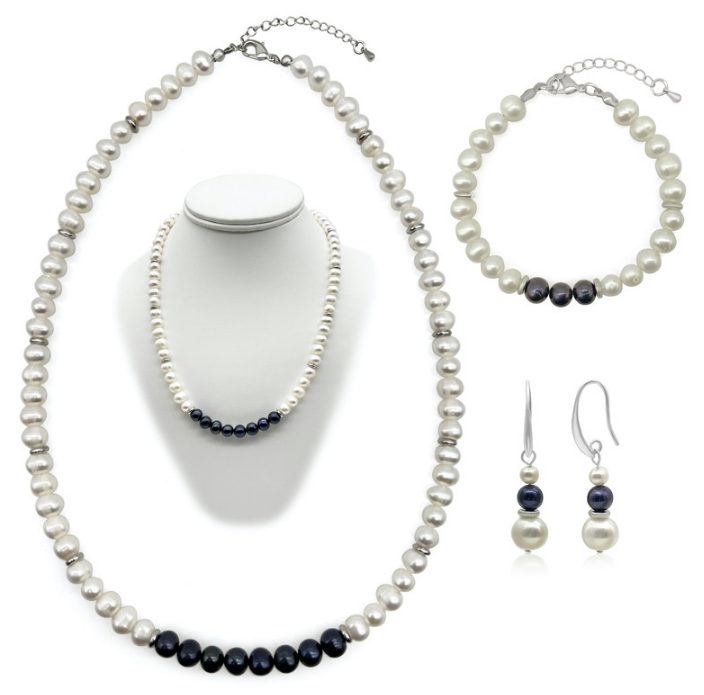 Luxury 7-8mm White & Black Pearl Real Platinum Plated Jewellery Set
