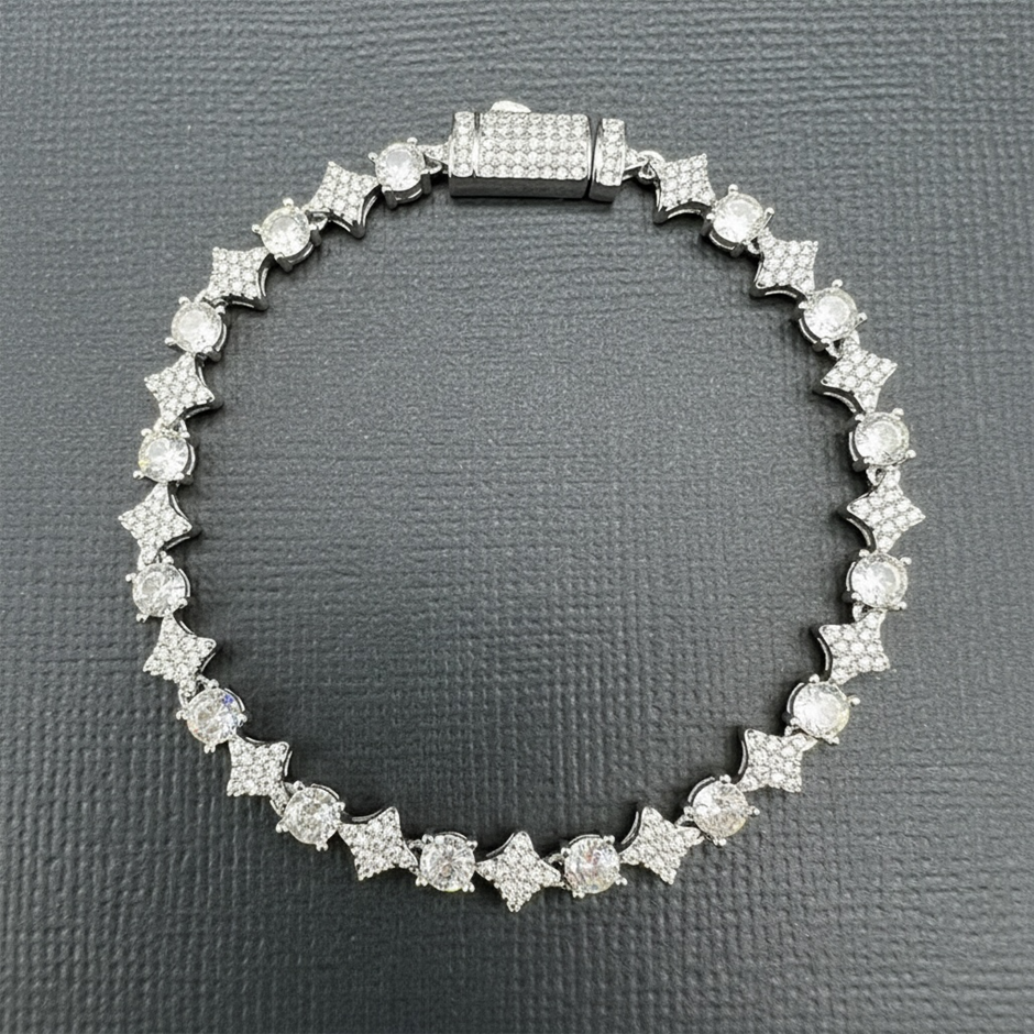 18K Silver-Filled 6mm Tennis Star Bracelet with Simulated Diamonds - 20.3cm