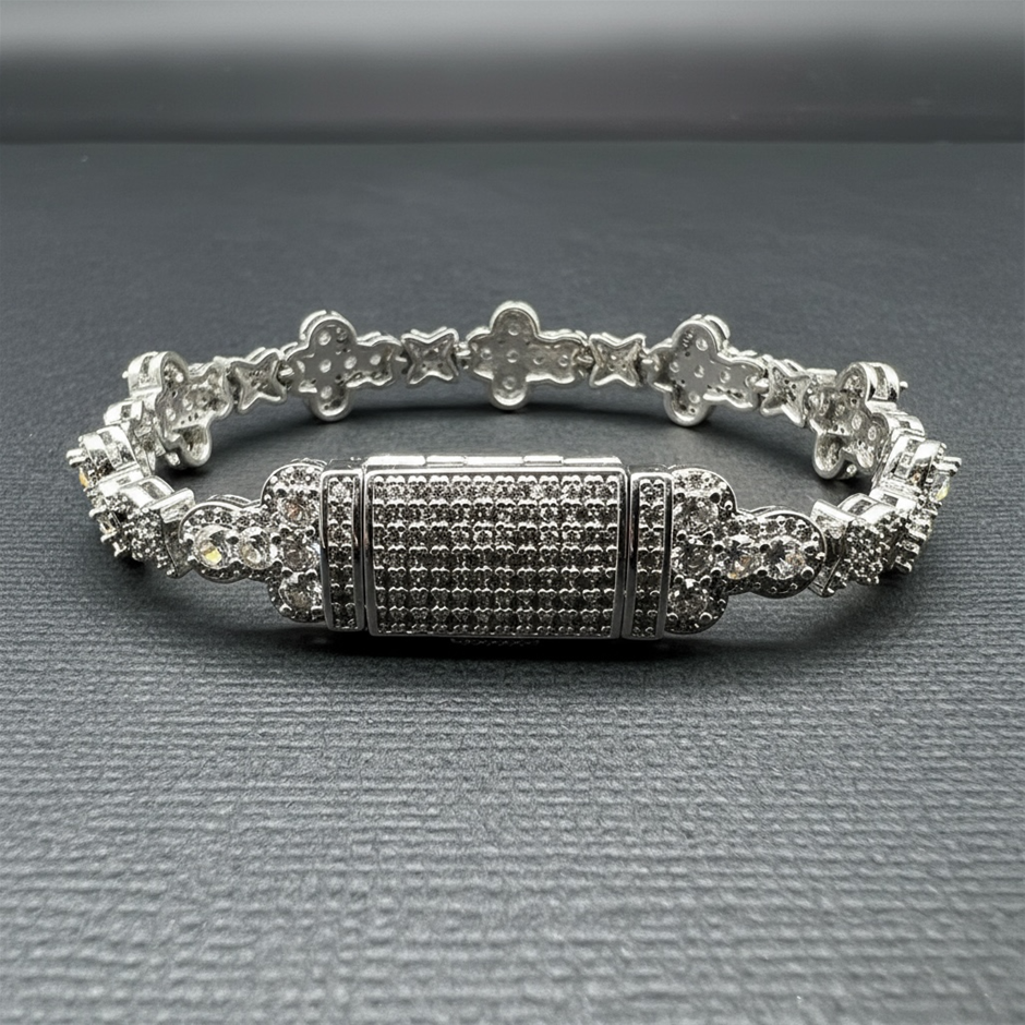 18K Silver-Filled Cross & Flower Bracelet with Simulated Diamonds - 20.3cm