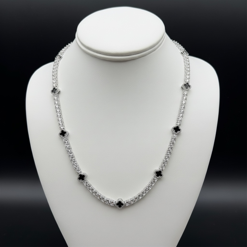 Silver-Filled Tennis Necklace Four-Leaf Clover & Simulated Diamonds -55.8cm