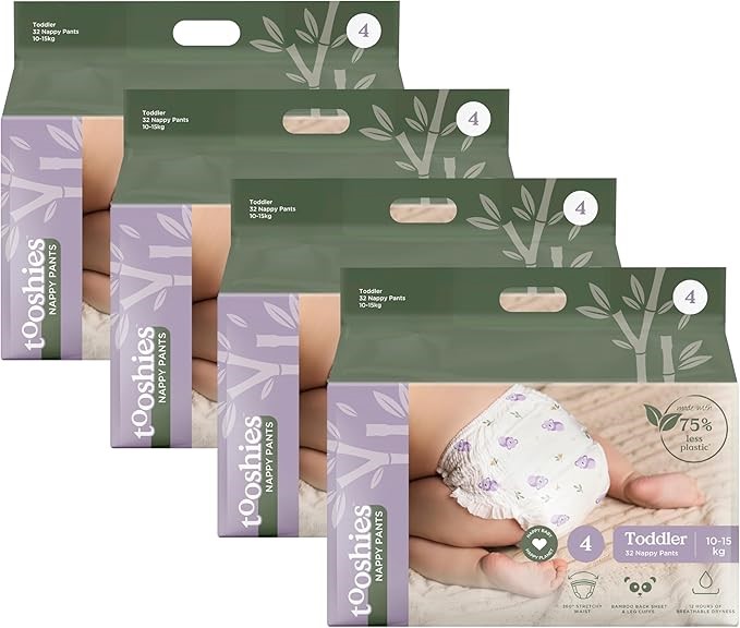 TOOSHIES 4 x 32pk Nappy Pants Size 4 Toddler 10-15kg.