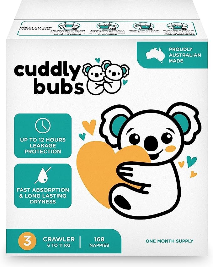 CUDDLY BUBS Size 3 Crawler nappies, 6-11kg, 168 Nappies, One Month Supply.