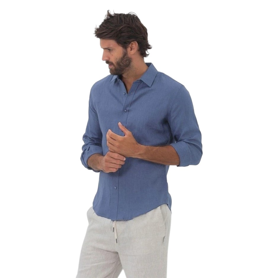 COAST Men's Long Sleeve Linen Shirt, Size 2XL, 100% Linen, Denim Blue, 18CC