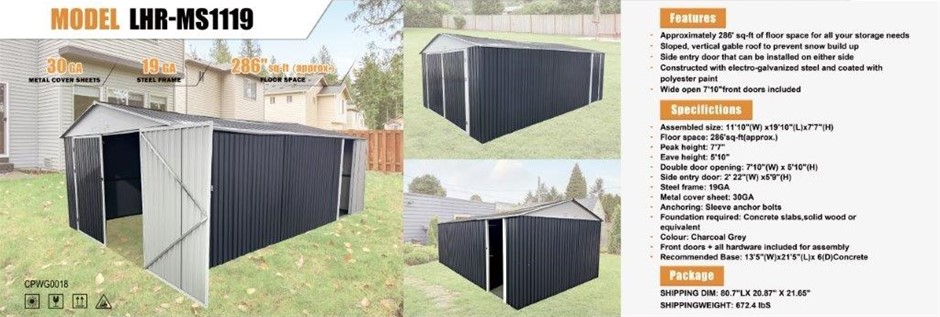 Unused 2025 Landhonor 11ftx19ft  Metal Garage Shed with Double Front Doors