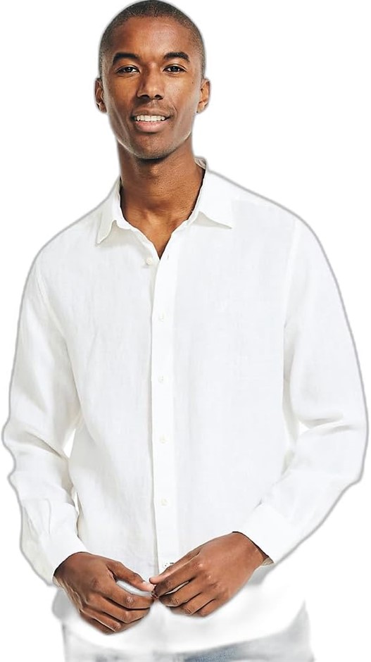 NAUTICA Men's Solid Linen Long Sleeve Shirt, Large, White (1BW), W25230. RR