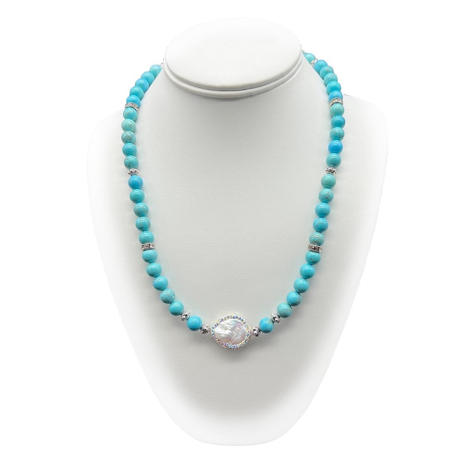 8mm Turquoise & Blister Pearl with Rhinestone Beaded Necklace