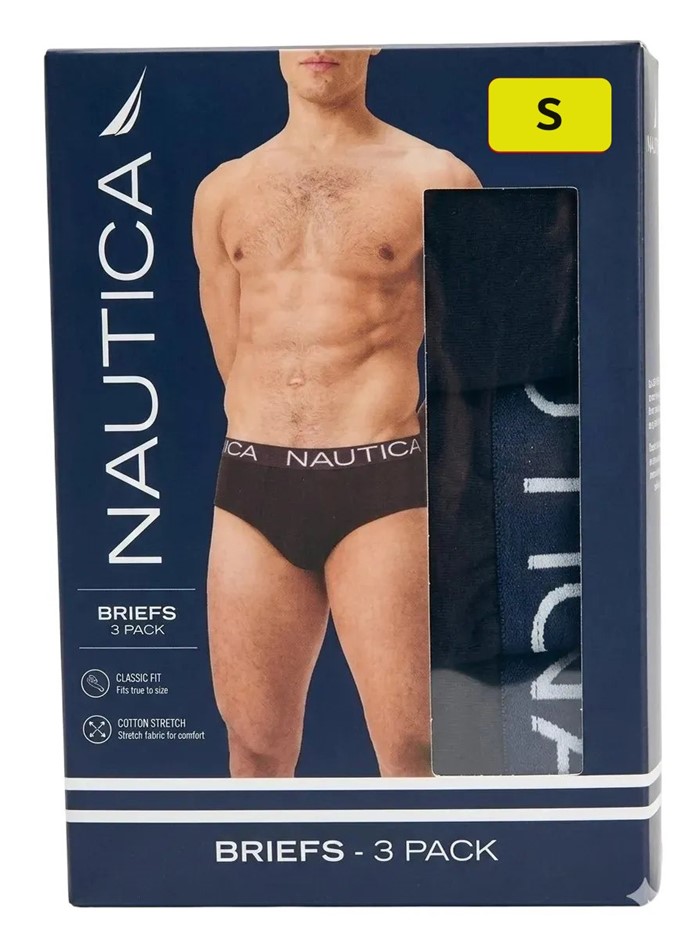 NAUTICA Men's 3 Pack Cotton Stretch Briefs, Size S, 95% Cotton, Black.