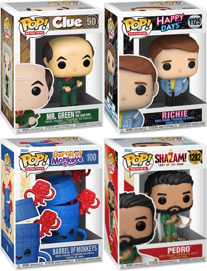 4 x FUNKO POP!: Clue Mister Green (Lead Pipe), Shazam Pedro, Happy Days Ric