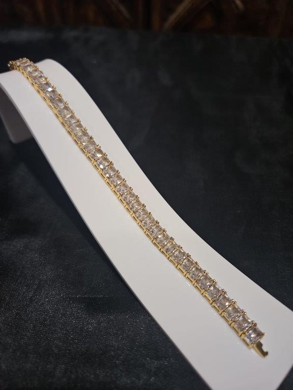 18k Italy Stamped  Yellow Gold Filled Tennis Bracelet-Emerald Cut-17.8cm